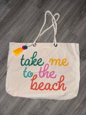 T.J.Maxx Canvas Tote - Cream with Teal, Yellow, Pink, Coral Accents